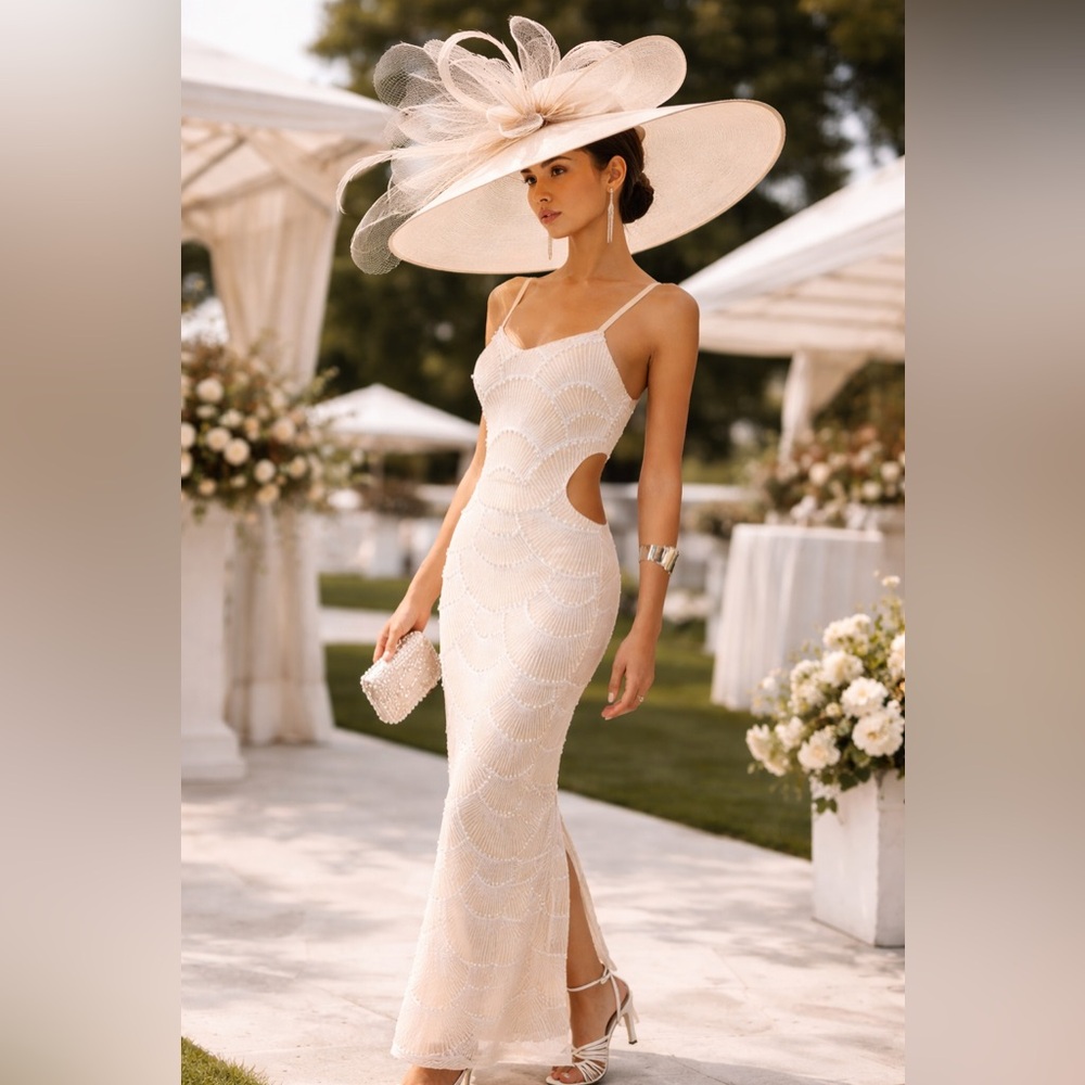 Commense Ivory Beaded Maxi Dress with Side Cutouts